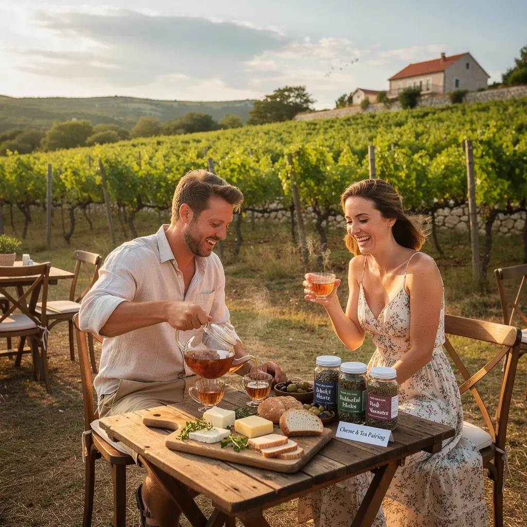 Zalazak sunca iznad mirnog jezera s čajem u ruci.